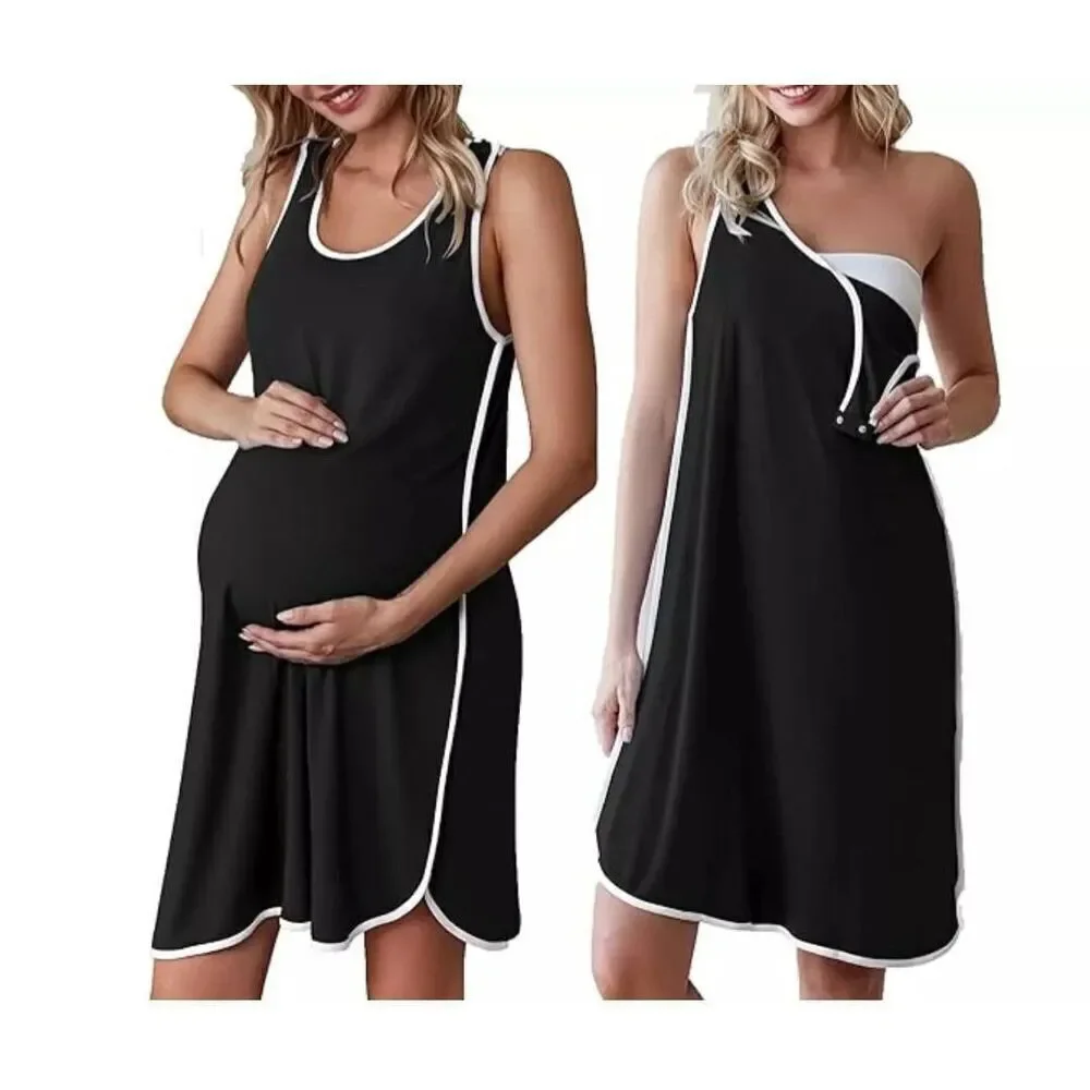 Ekouaer womens Sz M gray blue breastfeeding Nightgown